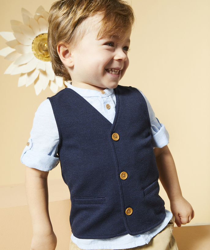 Cardigan Tao Categories - SLEEVELESS SUIT JACKET BABY BOY NAVY BLUE WOOD EFFECT BUTTONS