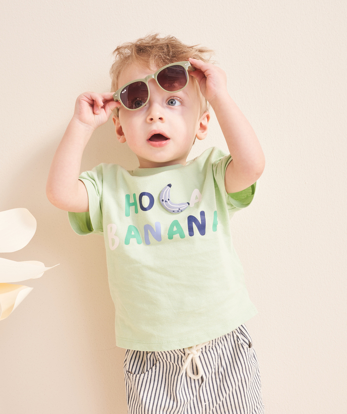 Collection Cérémonie Categories Tao - t-shirt bébé garçon en coton bio vert avec message et banane en relief