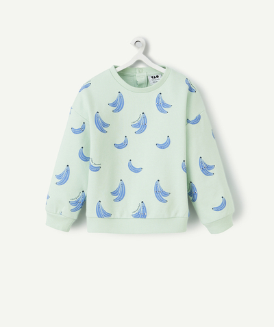 Nieuwe collectie Tao Categorieën - sweater voor babyjongens in groen biologisch katoen, bedrukt met blauwe bananen