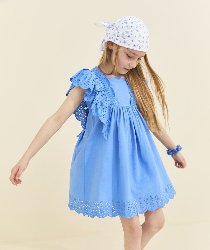 Dziewczynka Kategorie TAO - Niebieska sukienka dziewczęca z krótkim rękawem i falbankami