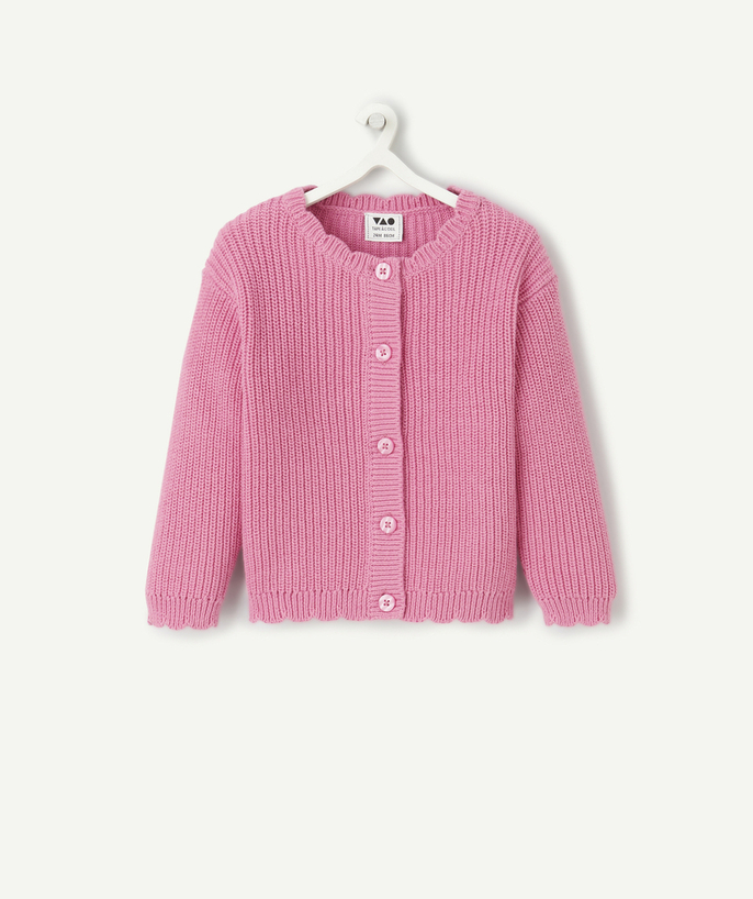 Basics Tao Categories - BABY GIRL KNITTED CARDIGAN IN PINK ORGANIC COTTON WITH SCALLOPED COLLAR