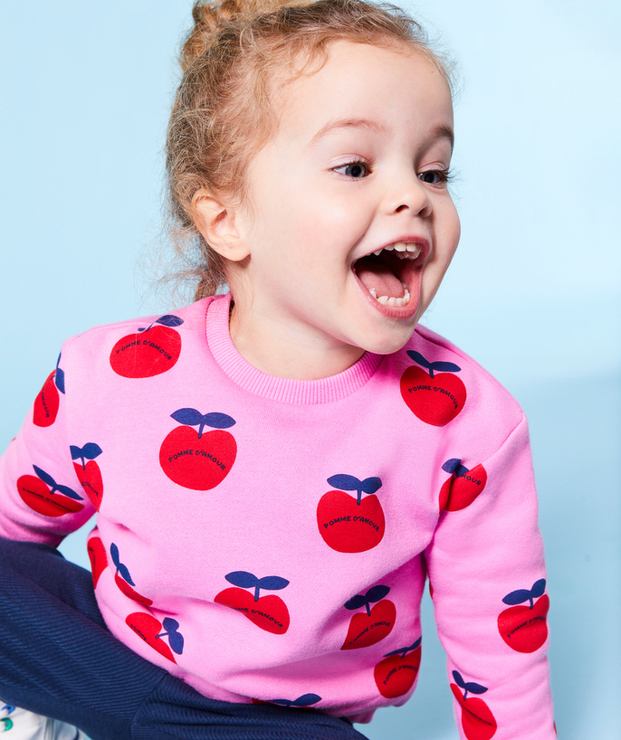 Pullover - Sweatshirt Tao Categories - BABY GIRL'S PINK RECYCLED FIBER SWEATER WITH APPLE PRINT