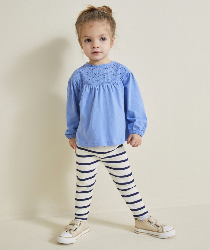 Trousers Tao Categories - BABY GIRL RIBBED LEGGINGS IN ECRU ORGANIC COTTON WITH BLUE STRIPES