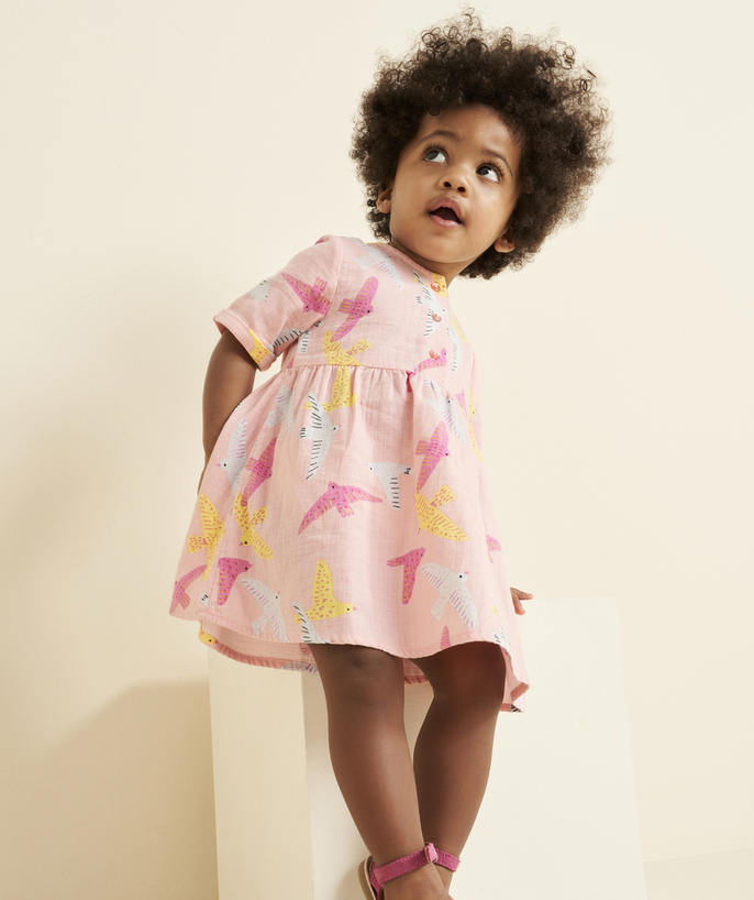 Special Occasion Collection Tao Categories - short-sleeved baby girl dress in pink organic cotton with bird print