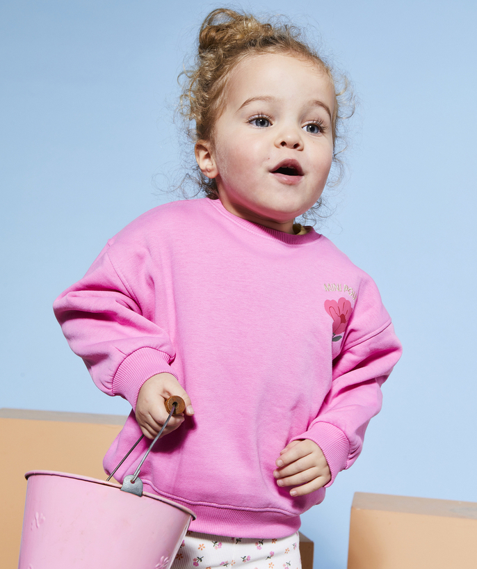 Pullover - Sweatshirt Tao Categories - BABY GIRL SWEATSHIRT IN PINK RECYCLED FIBERS WITH MINI SPROUT MOTIF