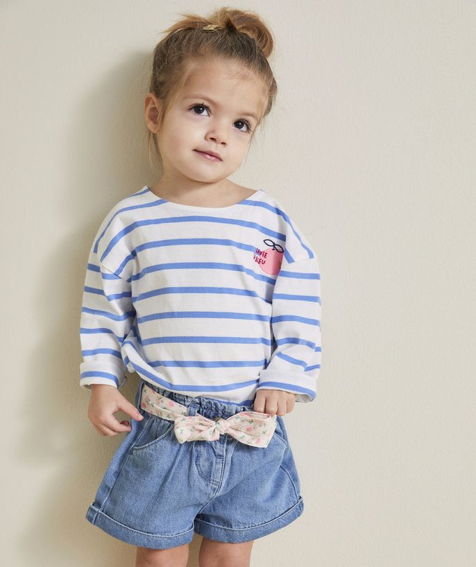 T-shirt - undershirt Tao Categories - BABY GIRL T-SHIRT IN ORGANIC COTTON WITH BLUE STRIPES AND FRUIT MOTIF