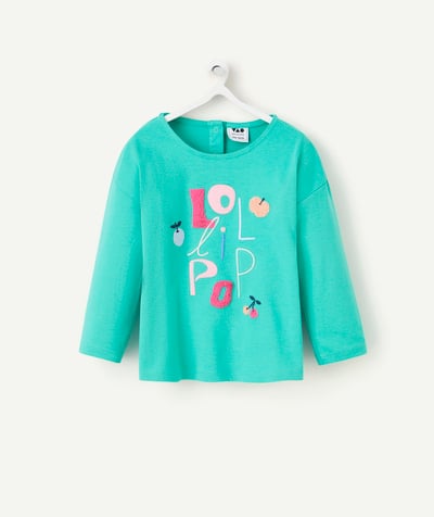 New colours palette Tao Categories - LONG-SLEEVED BABY GIRL T-SHIRT IN GREEN ORGANIC COTTON WITH CURLY DETAILS