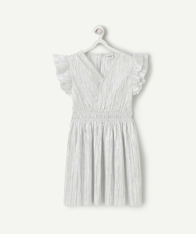 Special Occasion Collection Tao Categories - PLEATED GIRL'S WRAP DRESS WITH RUFFLED DETAILS IN SILVER