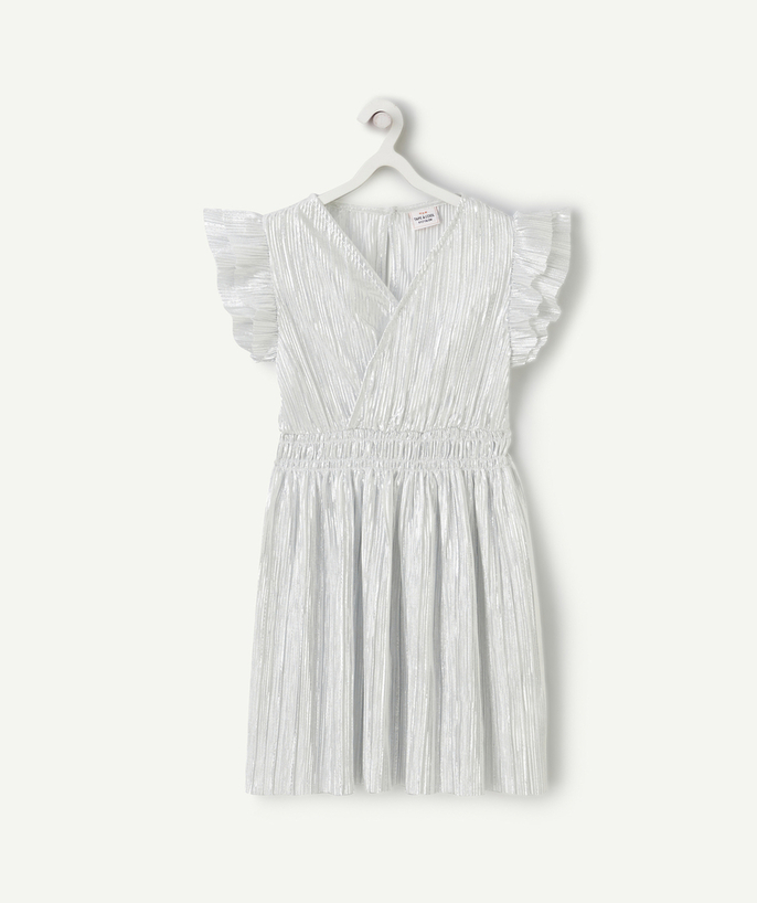 Girl Tao Categories - PLEATED GIRL'S WRAP DRESS WITH RUFFLED DETAILS IN SILVER
