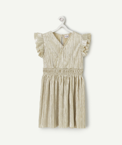 Special Occasion Collection Tao Categories - IRIDESCENT GIRL'S WRAP DRESS WITH GOLD RUFFLE DETAILS
