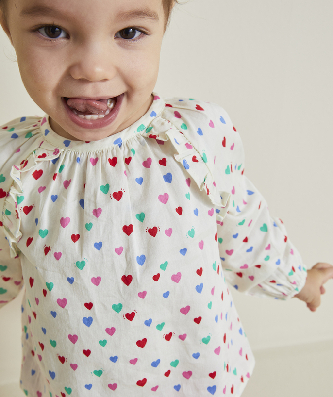 Shirt - Blouse Tao Categories - BABY GIRL BLOUSE IN ECRU WITH COLORFUL HEARTS PRINT
