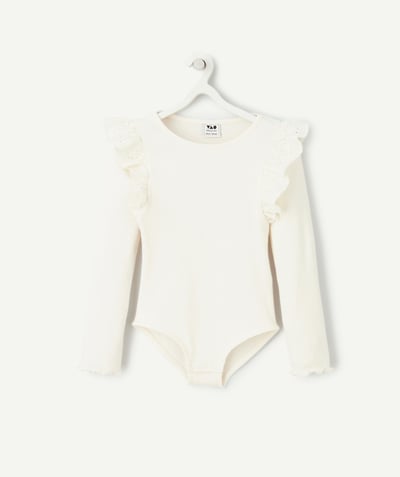T-shirt - sous-pull Categories Tao - body manches longues fille en coton bio blanc côtelé avec broderies