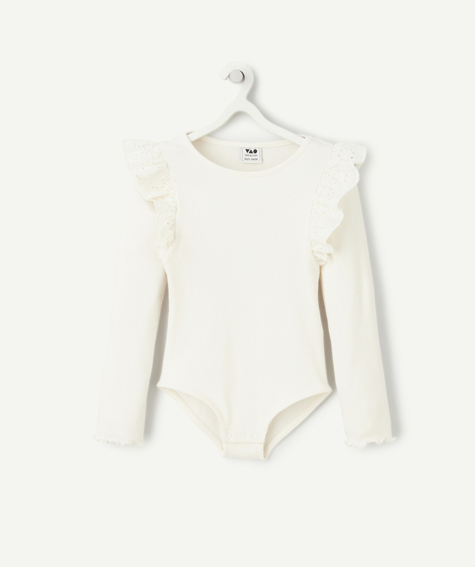 Nueva Colección Categorías TAO - body de manga larga de niña de algodón orgánico blanco acanalado con bordado