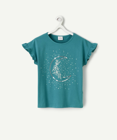 Special Occasion Collection Tao Categories - GIRL'S T-SHIRT IN GREEN ORGANIC COTTON WITH SEQUIN MOONS AND RUFFLES