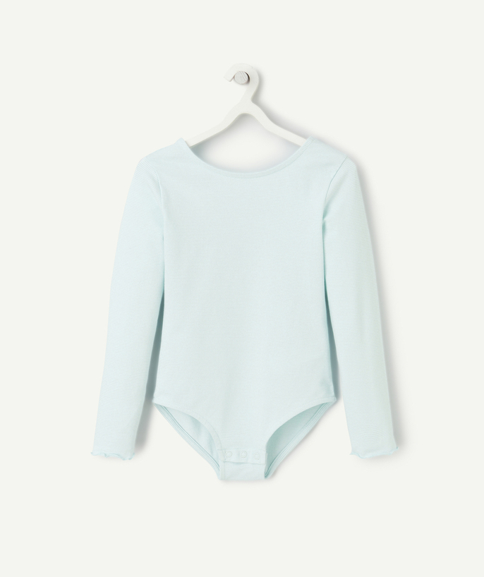 T-shirt - undershirt Tao Categories - girl's bodysuit in sky blue organic cotton with fine silver stripes