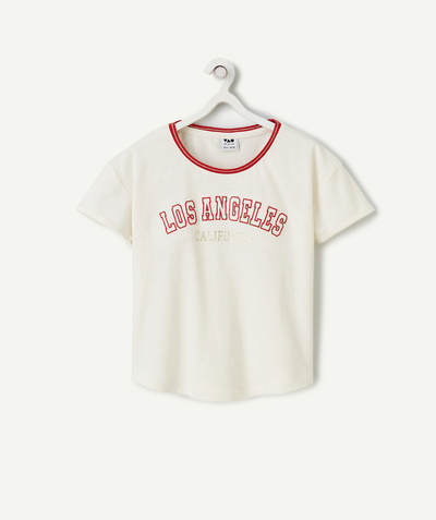 T-shirt - undershirt Tao Categories - WHITE ORGANIC COTTON GIRL'S SHORT-SLEEVED T-SHIRT WITH LOS ANGELES THEME