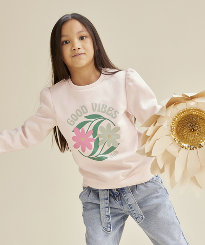 Low-priced looks Tao Categories - GIRL'S LONG-SLEEVED SWEATSHIRT IN PINK RECYCLED FIBER WITH FLOWER MOTIF
