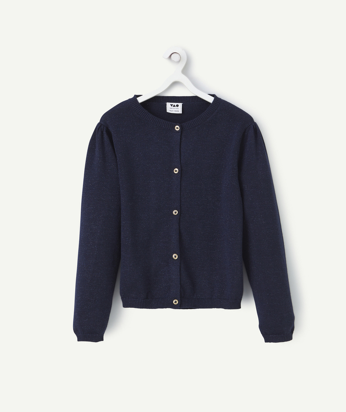 Pullover - Cardigan Tao Categories - NAVY BLUE GIRL'S LONG-SLEEVED CARDIGAN WITH GLITTER DETAILS