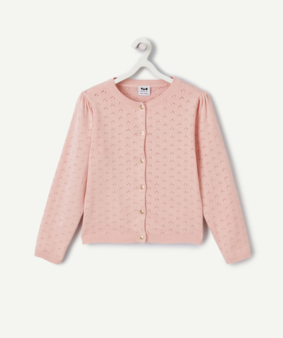 New colour palette Tao Categories - GIRL'S CARDIGAN IN OPENWORK KNIT AND PINK COTTON