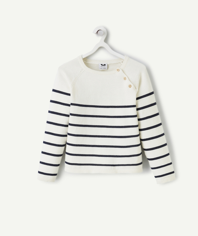 Pullover - Cardigan Tao Categories - GIRL'S LONG-SLEEVED SWEATER ECRU WITH BLUE STRIPES