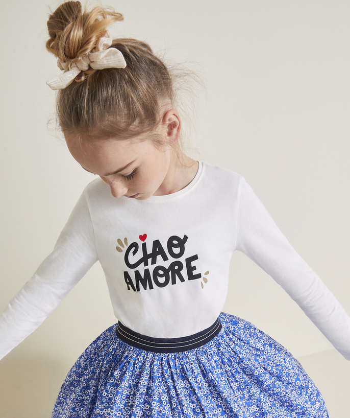 T-shirt - undershirt Tao Categories - GIRL'S LONG-SLEEVED T-SHIRT IN WHITE ORGANIC COTTON CIAO AMORE THEME