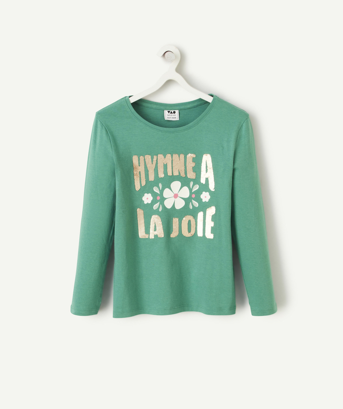 T-shirt - undershirt Tao Categories - GIRL'S T-SHIRT IN GREEN ORGANIC COTTON WITH REVERSIBLE SEQUIN MESSAGE