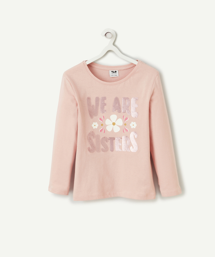 T-shirt - undershirt Tao Categories - GIRL'S LONG-SLEEVED T-SHIRT IN PINK COTTON WITH SEQUINED MESSAGE