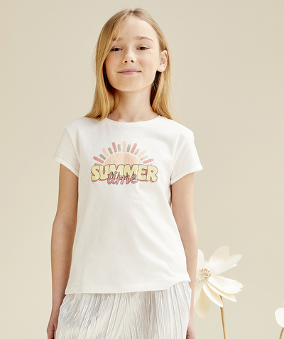 Low-priced looks Tao Categories - GIRL'S T-SHIRT IN WHITE ORGANIC COTTON WITH SUMMER TIME AND SUN MESSAGE