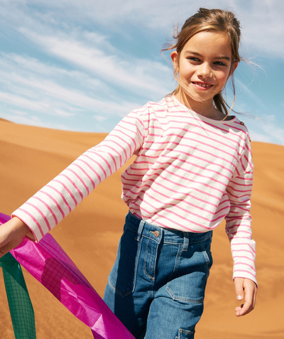 Campus spirit Tao Categories - LONG-SLEEVED T-SHIRT FOR GIRLS IN PINK STRIPED ORGANIC COTTON