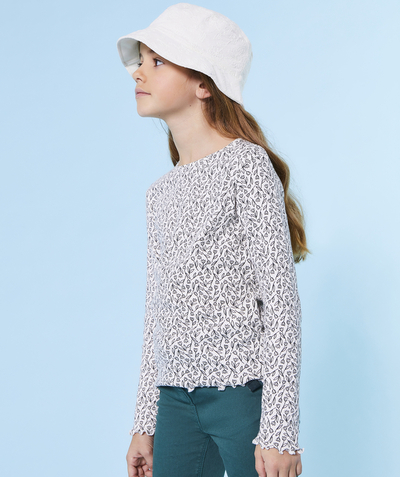 T-shirt - undershirt Tao Categories - LONG-SLEEVED T-SHIRT FOR GIRLS IN RIBBED ORGANIC COTTON WITH FLORAL PRINT