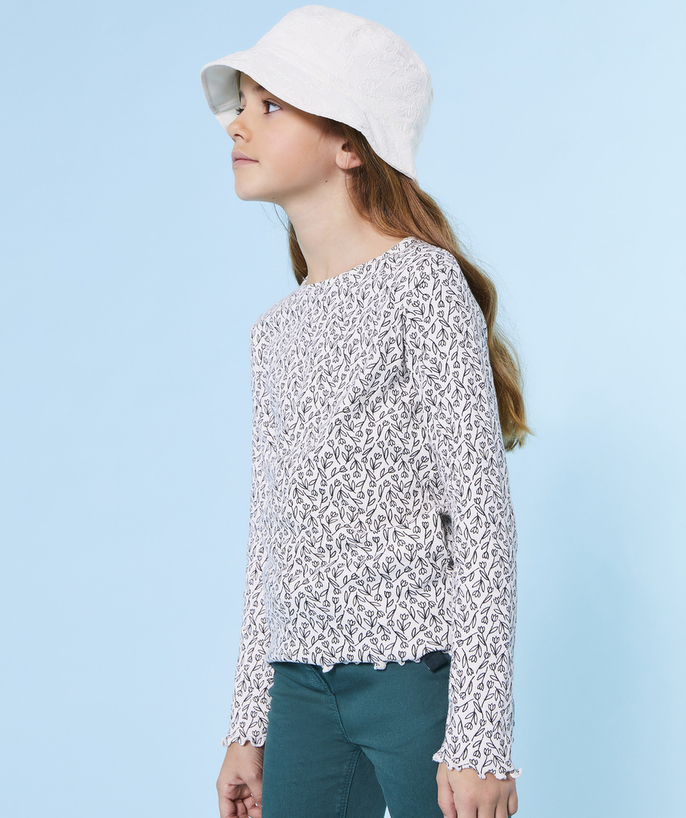 Basics Tao Categories - LONG-SLEEVED T-SHIRT FOR GIRLS IN RIBBED ORGANIC COTTON WITH FLORAL PRINT