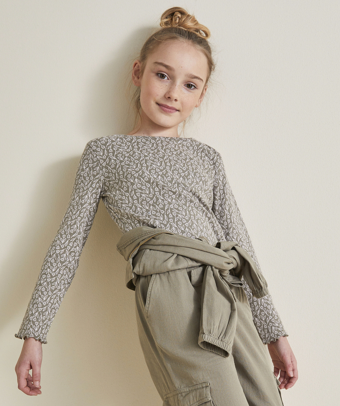 Basics Tao Categories - KHAKI ORGANIC COTTON RIBBED GIRL'S LONG-SLEEVED T-SHIRT WITH FLORAL PRINT