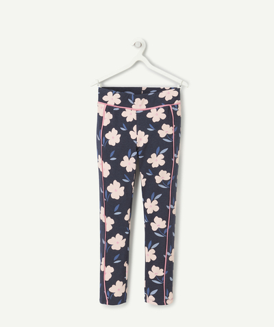 Spodnie - spodnie dresowe Kategorie TAO - Niebieskie wiskozowe spodnie tregginsy z kwiatowym nadrukiem dla dziewczynek