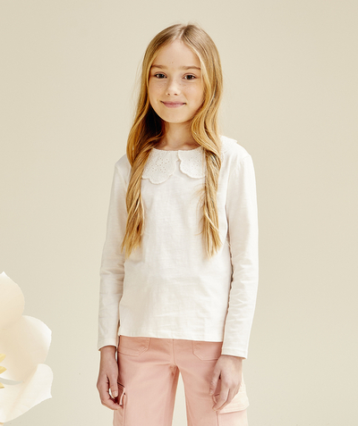 Girl Tao Categories - GIRL'S T-SHIRT IN ECRU ORGANIC COTTON WITH EMBROIDERED CLAUDINE COLLAR