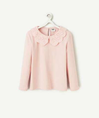 Girl Tao Categories - GIRL'S T-SHIRT IN PINK ORGANIC COTTON WITH EMBROIDERED CLAUDINE COLLAR