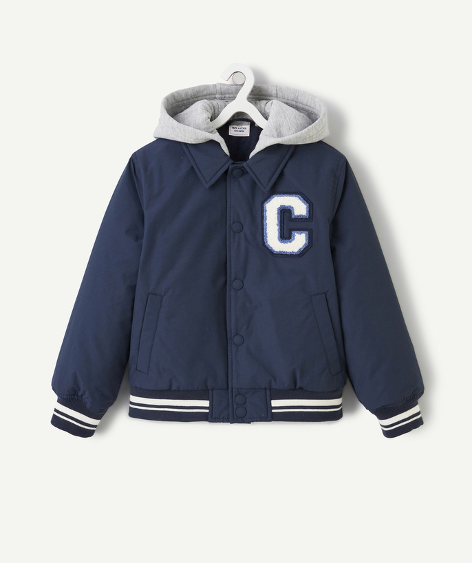 Outlet Tao Categories - NAVY BLUE RECYCLED PADDED BOY'S HOODED JACKET WITH MAXI LETTERING