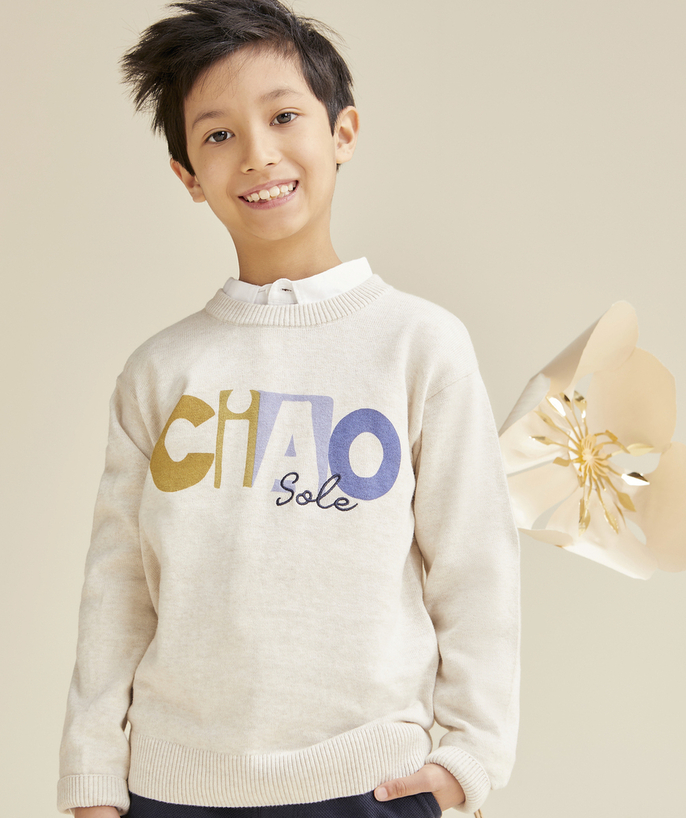 Chłopiec Kategorie TAO - Sweter chłopięcy z długim rękawem z bawełny organicznej, ecru, motyw ciao