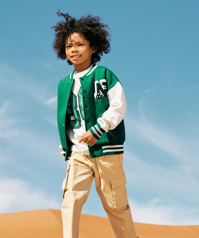Boy Tao Categories - GREEN AND GREY ORGANIC COTTON BOY'S TEDDY JACKET WITH CAMPUS THEME