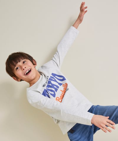 Low-priced looks Tao Categories - BOY'S LONG-SLEEVED T-SHIRT IN MOTTLED GREY ORGANIC COTTON WITH TOKYO THEME