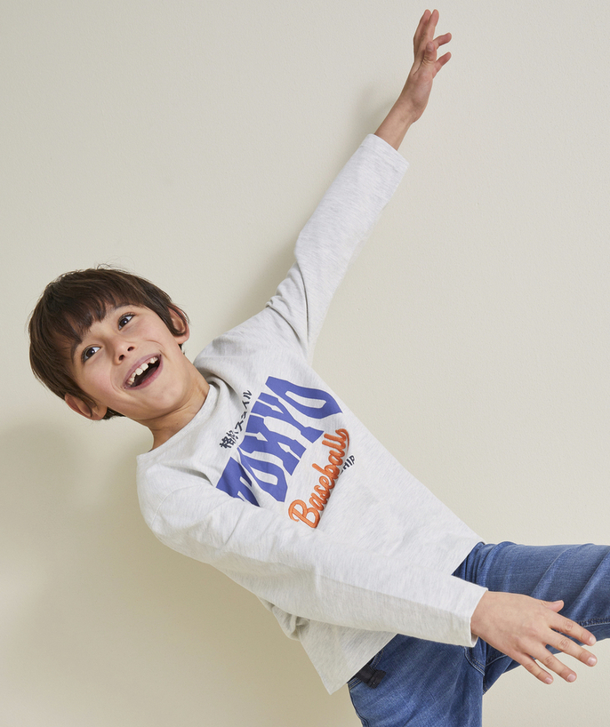 Outlet Tao Categories - BOY'S LONG-SLEEVED T-SHIRT IN MOTTLED GREY ORGANIC COTTON WITH TOKYO THEME