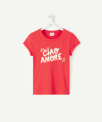 Low-priced looks Tao Categories - GIRL'S T-SHIRT IN RED ORGANIC COTTON WITH MESSAGE CIAO AMORE
