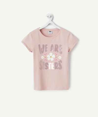 Basics Tao Categories - GIRL'S T-SHIRT IN PINK ORGANIC COTTON WITH SISTERS MESSAGE IN REVERSIBLE SEQUINS