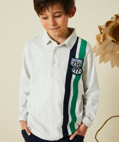 Campus spirit Tao Categories - BOY'S POLO SHIRT IN GREY ORGANIC COTTON WITH RACING-THEMED STRIPES AND PATCHES