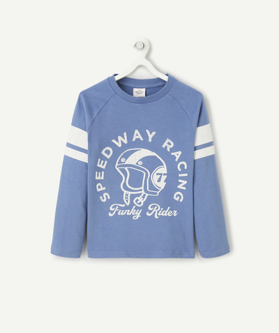 Nueva paleta de colores Categorías TAO - camiseta de manga larga para niño en algodón orgánico azul con tema de carreras
