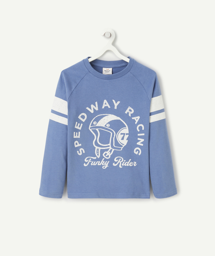 T-shirty - Koszulki Kategorie TAO - chłopięca koszulka z długim rękawem z niebieskiej bawełny organicznej z motywem wyścigowym
