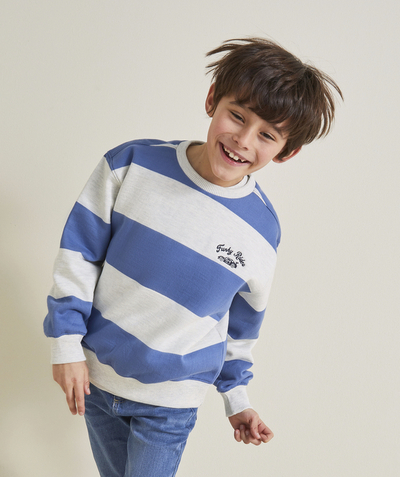 New colour palette Tao Categories - RECYCLED-FIBER BOY'S SWEATSHIRT WITH STRIPES AND EMBROIDERED MESSAGE