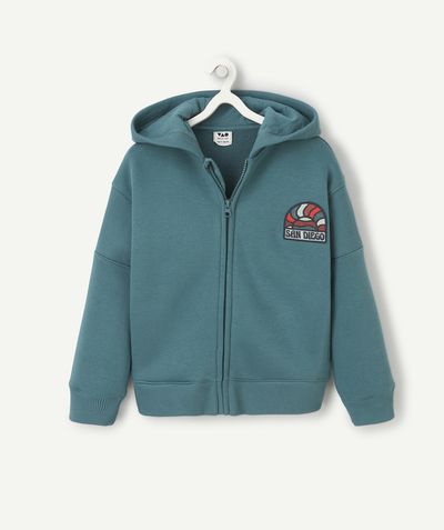 New colour palette Tao Categories - GREEN ORGANIC COTTON BOY'S HOODIE WITH SAN DIEGO EMBROIDERED PATCH