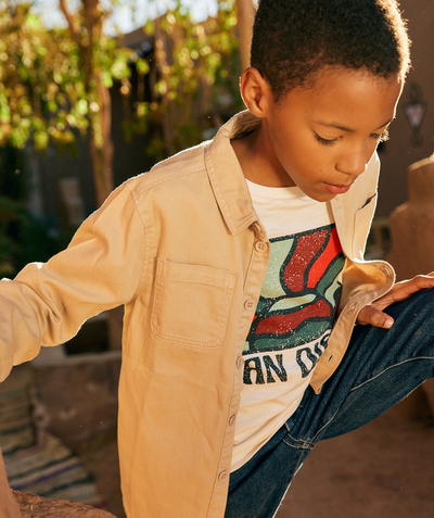 Shirt - Polo Tao Categories - LONG-SLEEVED SHIRT FOR BOYS IN RESPONSIBLE BEIGE VISCOSE WITH DENIM EFFECT