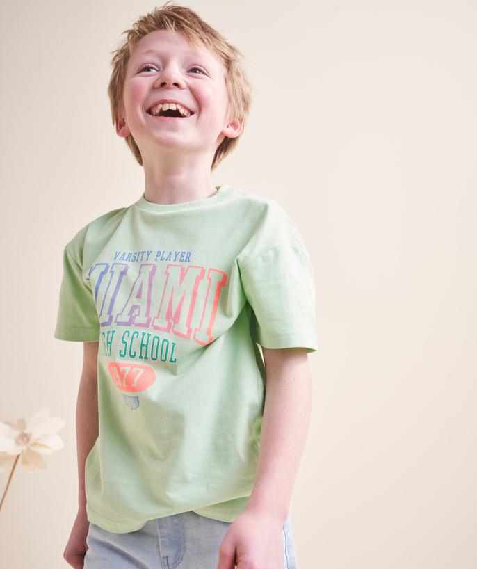 T-shirt Tao Categorieën - T-shirt met korte mouwen voor jongens biokatoen groen thema miami