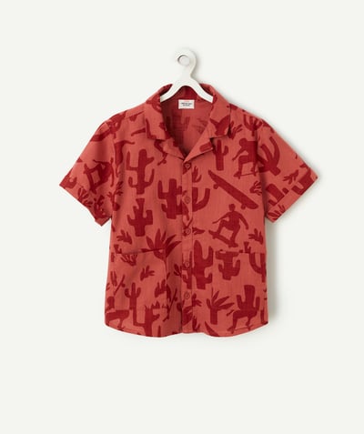 Koszule - Koszulki Polo Kategorie TAO - Chłopięca czerwona bawełniana koszulka z krótkim rękawem z nadrukiem kaktusa